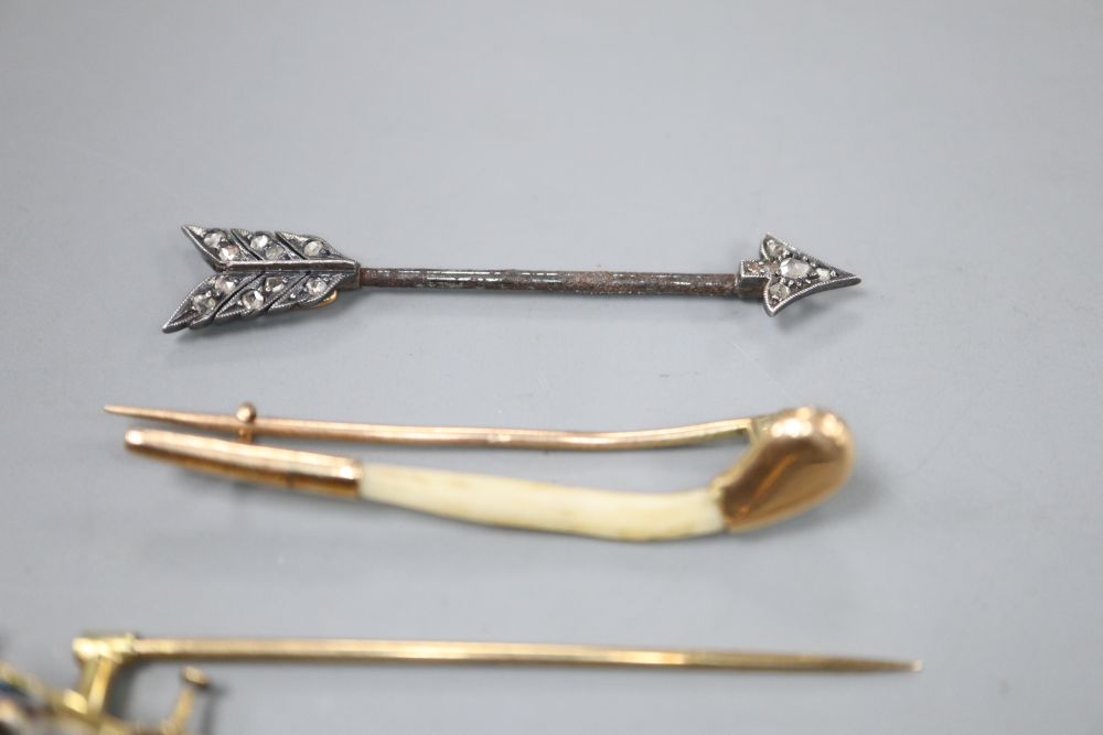 A Victorian rose cut diamond set jabot pin, three stick pins including 15ct & enamel flying duck & 3 other brooches.
